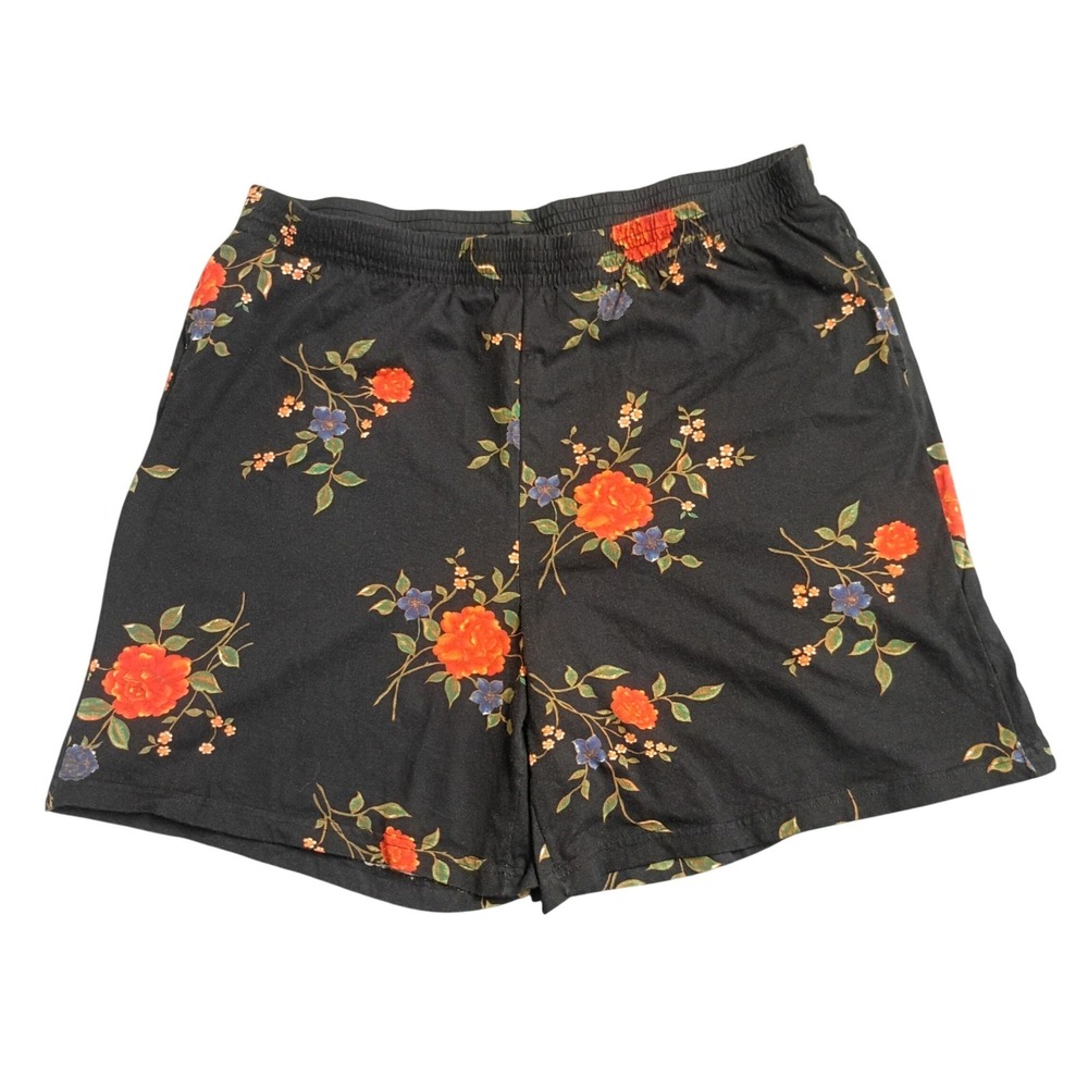 Capacity Woman Floral Shorts Women 1X Black Orange Cotton Elastic Waist